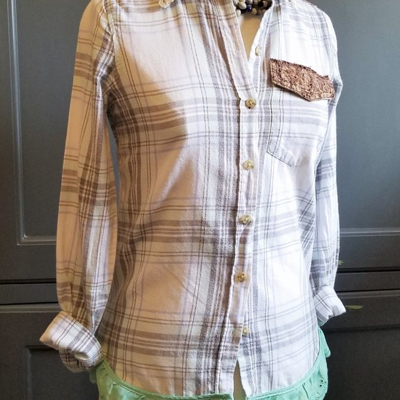 Upcycled Plaid Shirt Lace Eyelet Lace Green Lace OOAK - Picture 6 of 6